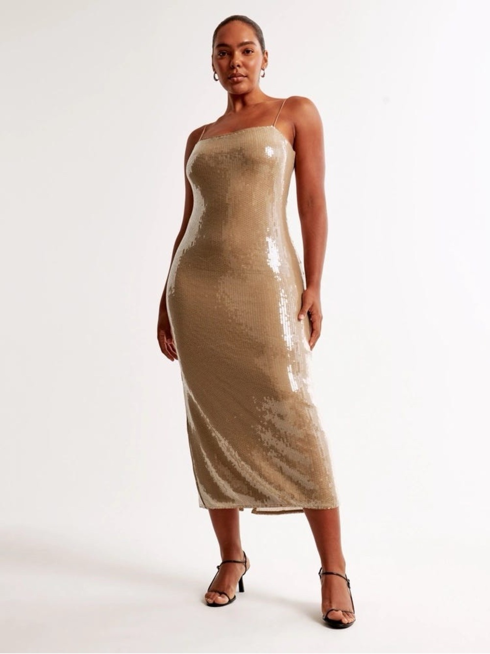 Abercrombie & Fitch Beige Sequin Slip Midi Dress with Spaghetti Straps